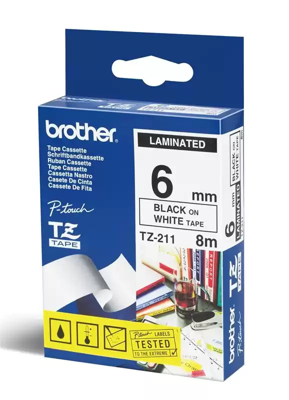 Brother TZE-211 laminált P-touch szalag (6mm) Black on White - 8m